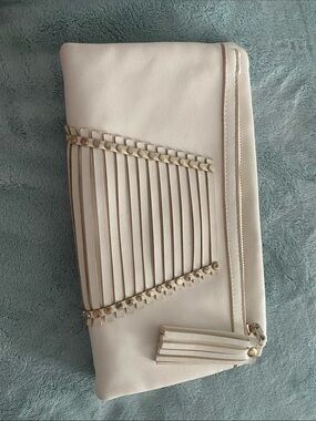 Fringe Tassel Studded Cream Wristlet Clutch